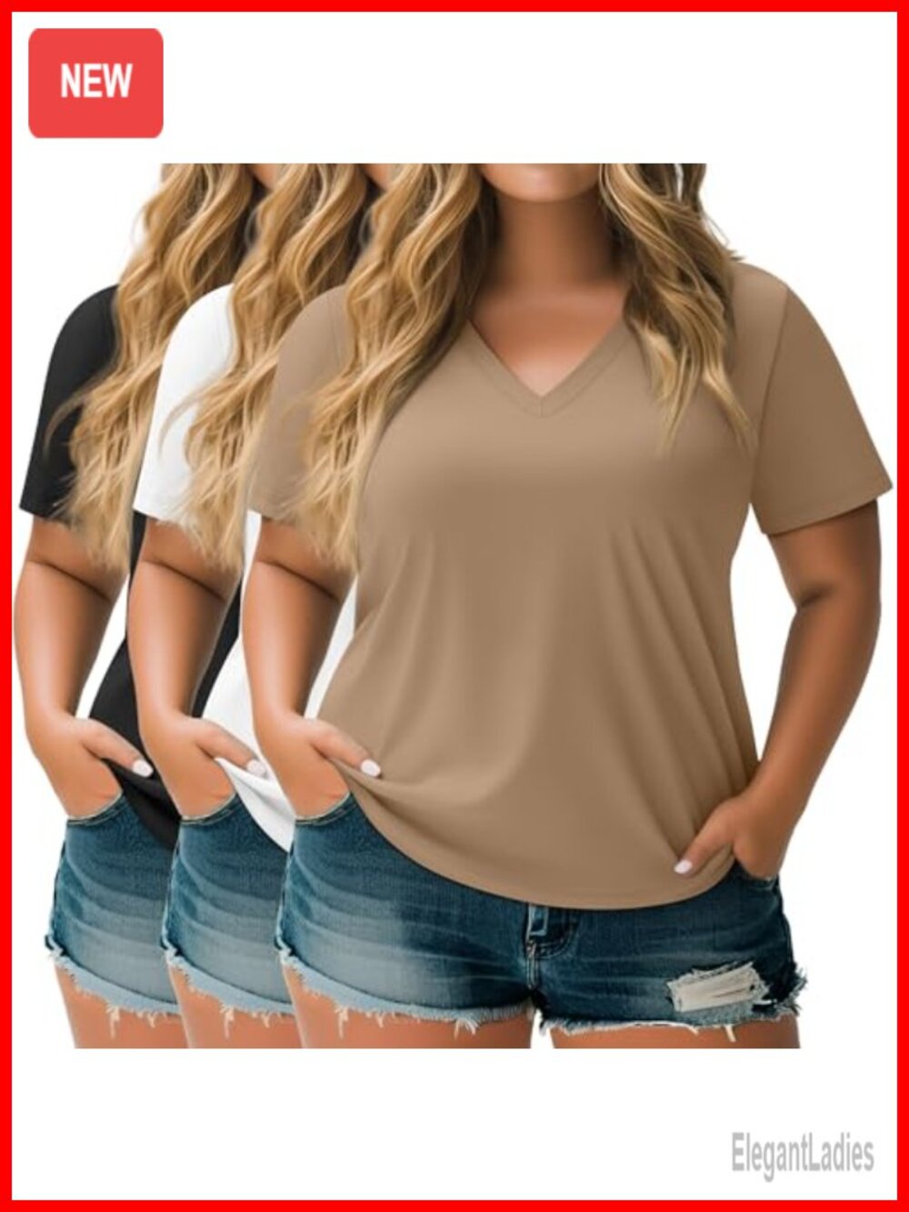 3 Pack Plus Size V Neck Short Sleeve T-Shirts Loose Fit Casual Tees